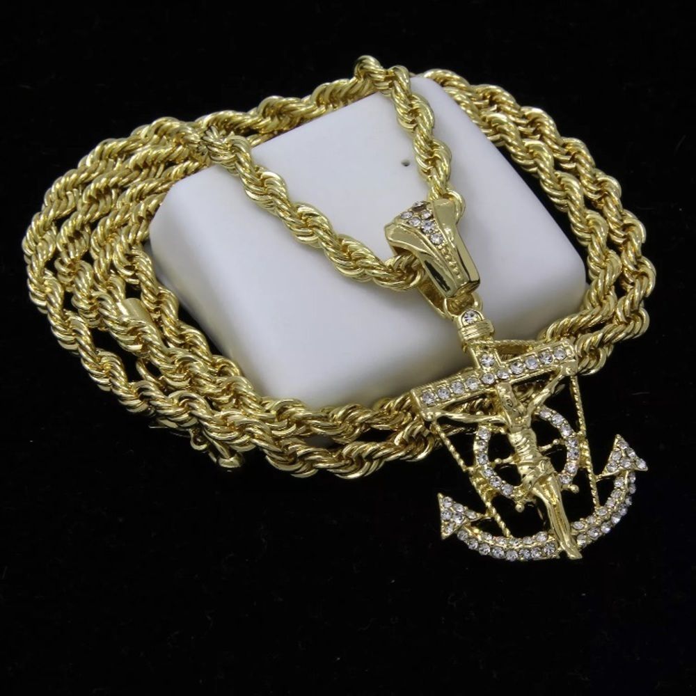 14K Gold Anchor Jesus Pendant & Rope Chain